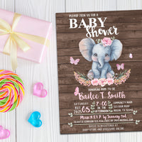 Pink Floral Elephant Baby Shower Invitations