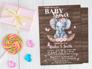 Pink Floral Elephant Baby Shower Invitations