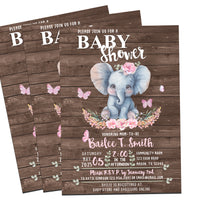 Pink Floral Elephant Baby Shower Invitations