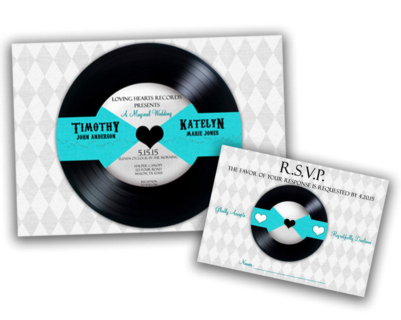 Vinyl Record Wedding Invitation and RSVP Card Set